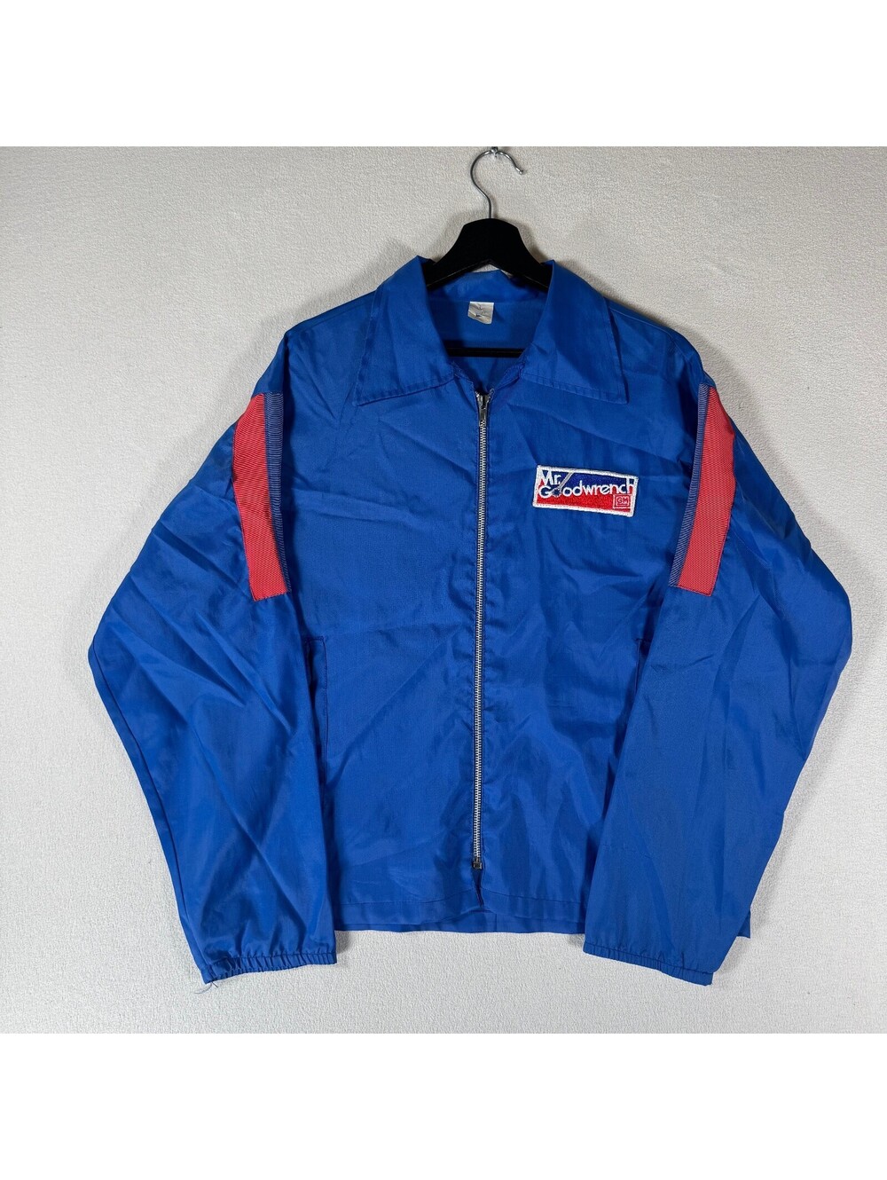 Vintage 1970s Mr. Goodwrench Blue Work Jacket with Red and White Stripes